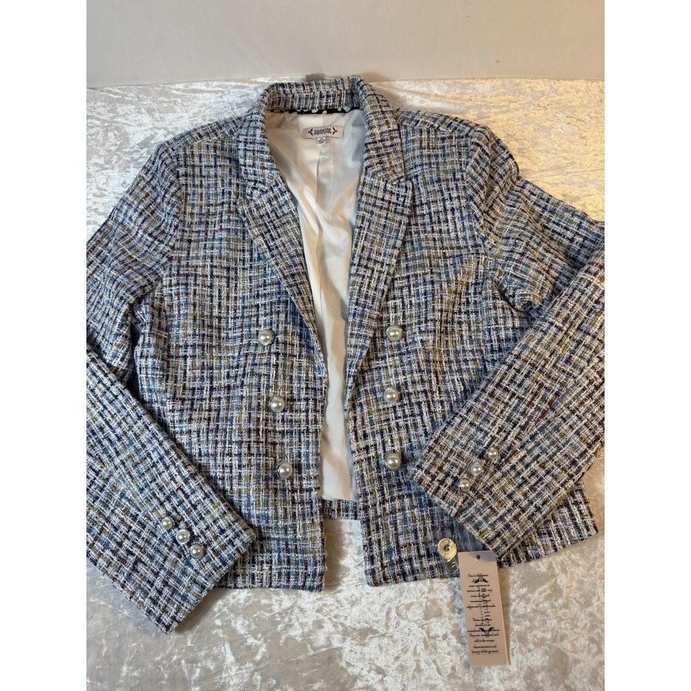 Nanette Lepore Blazer Women's 12 NWT Tweed Pearl Button Cropped Jacket Blue